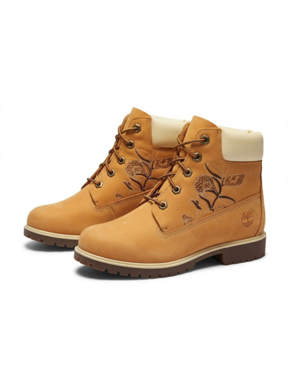 Women's Wheat Nubuck Timberland Boots with embossed floral leaf pattern. Size 9